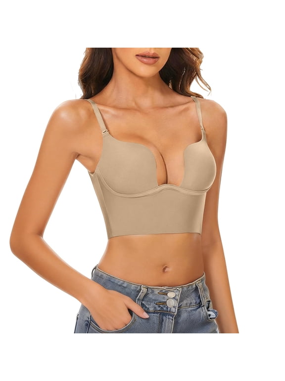 Low Back Bras for Women Invisible Backless Bra-seamless Secret Plunge Bra No Show Multiway Bras Deep U Plunge Underwire Bras for Women Beige M