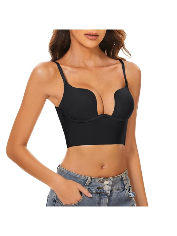 Low Back Bras for Women Push Up Deep U Neck Backless Bra,low Cut Multiway Convertible Bra Wire Lifting Bralette Black S