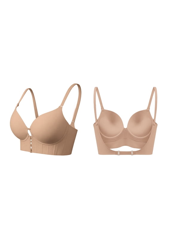 Low Back Bras for Women Push Up Deep V Neck Backless Bra, Front Closure Low Cut Multiway Bra Lifting Bralette Beige 36