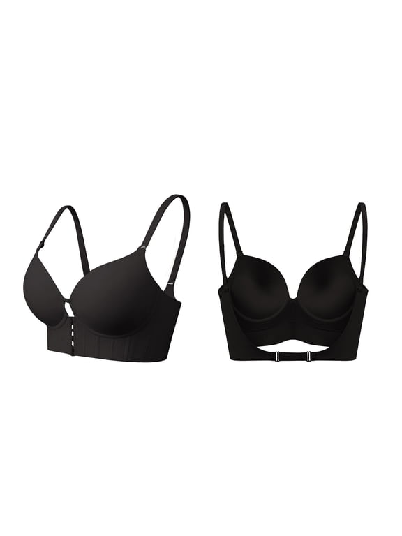 Low Back Bras for Women Push Up Deep V Neck Backless Bra, Front Closure Low Cut Multiway Bra Lifting Bralette Black 32