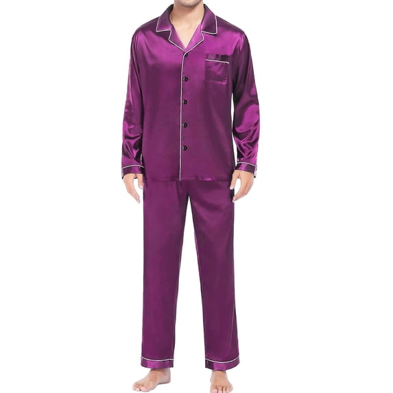 iHPH7 Matching Pjs for Couples Family Matching Pajama Satin Pajamas Long Sleeve Sleepwear Button Down Loungewear 2 Pcs Pj Set Purple M
