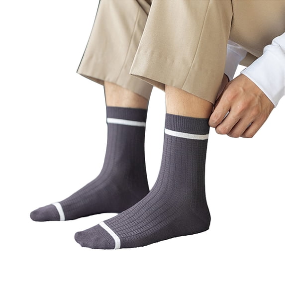 iHPH7 Men's Classic Dress Socks, Mid Calf Knit Socks with Color Block Trim, Breathable Business Formal Casual Footwear Dark Gray One Size