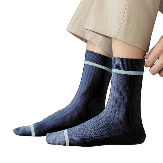 iHPH7 Men's Crew Socks, Business Casual Mid Calf Dress Socks with Striped Cuff, Breathable Knit Daily Work Office Hosiery Navy One Size