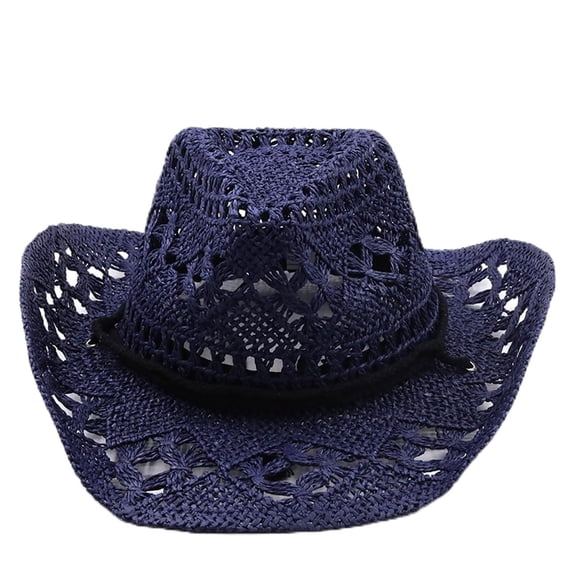 iHPH7 Men's Women's Western Straw Hat Breathable Sun Cap Wide Brim Cowboy Hat with Lanyard for Beach Country Party and Riding Navy M
