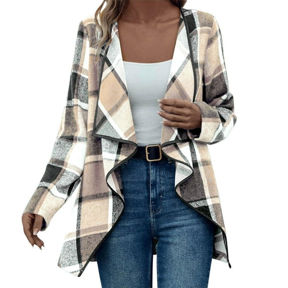 iHPH7 Open Front Cardigan for Women Plaid Jacket for Woman Fall Fashion Womens Fall Jackets Long Sleeve Cardigan for Women Long Jackets for Women Soft Cardigans for Women Khaki 3XL