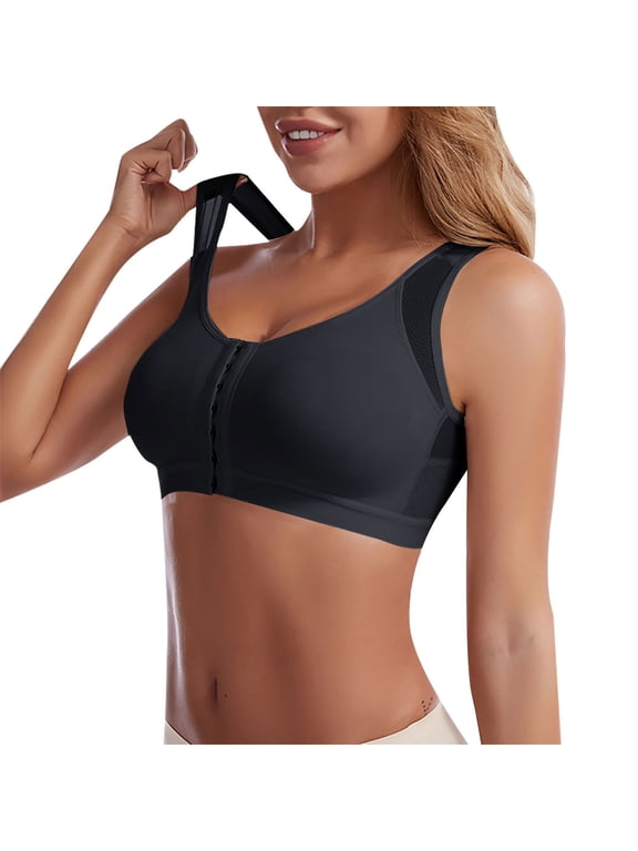 Padded Sports Bra Front Closure High Impact Wirefree Breathable Mesh Workout Yoga Gym Activewear Comfy Post Surgery Athletic Bra Black XXL
