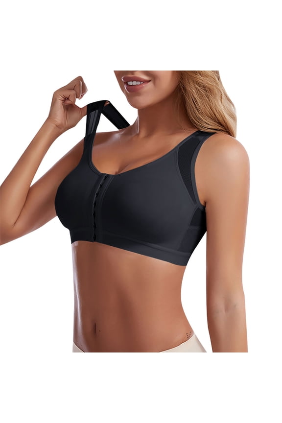 Padded Sports Bra Front Closure High Impact Wirefree Breathable Mesh Workout Yoga Gym Activewear Comfy Post Surgery Athletic Bra Black XXL