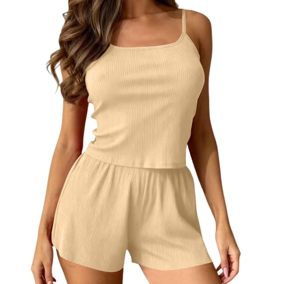iHPH7 Pajamas for Women Cami and Shorts Set Solid Color Ribbed Sleepwear Pajama Sets Casual Loungewear Summer Pjs Comfy Nightwear Beige M