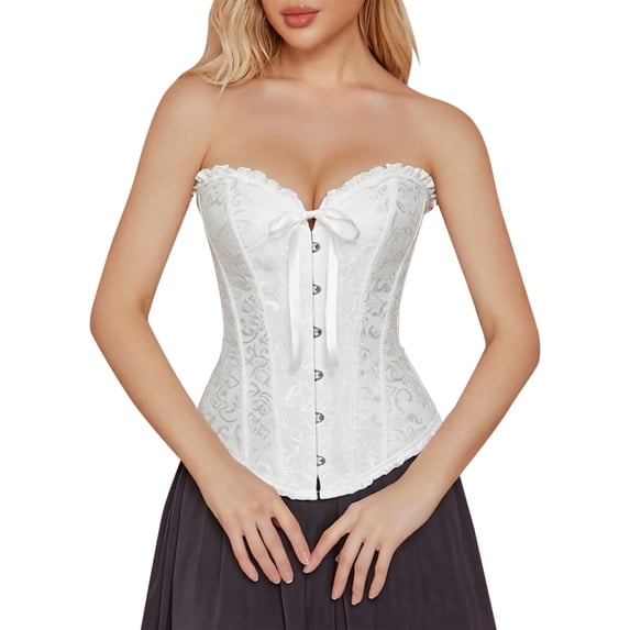 iHPH7 Renaissance Fair Floral Corset Top for Women Lace Up Overbust Bustier Vintage Waist Cincher White 6XL