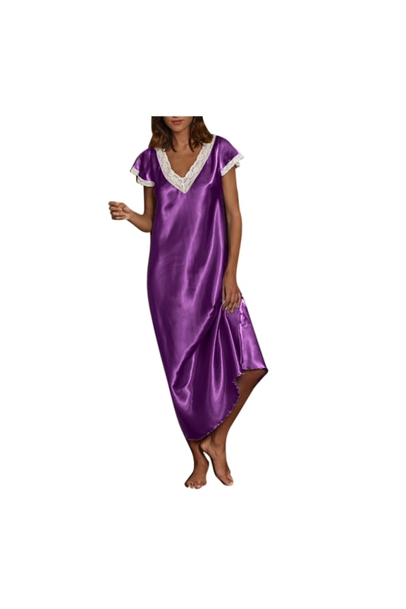 Satin Sleep Dress for Women Long Nightgowns V Neck Lace Trim Short Sleeve Sleepwear Silky Soft Comfy Casual Loungewear Nightshirt Flowy Maxi House Dress Purple XXL