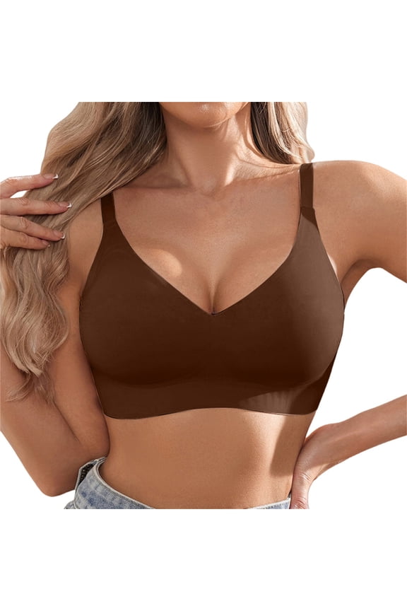 Seamless Push Up Bra Jelly Bras for Women Soft Wireless Bralette V Neck Bra No Wire Seamless T-shirt Bras Everyday Basic Bras for Women No Underwire Brown M