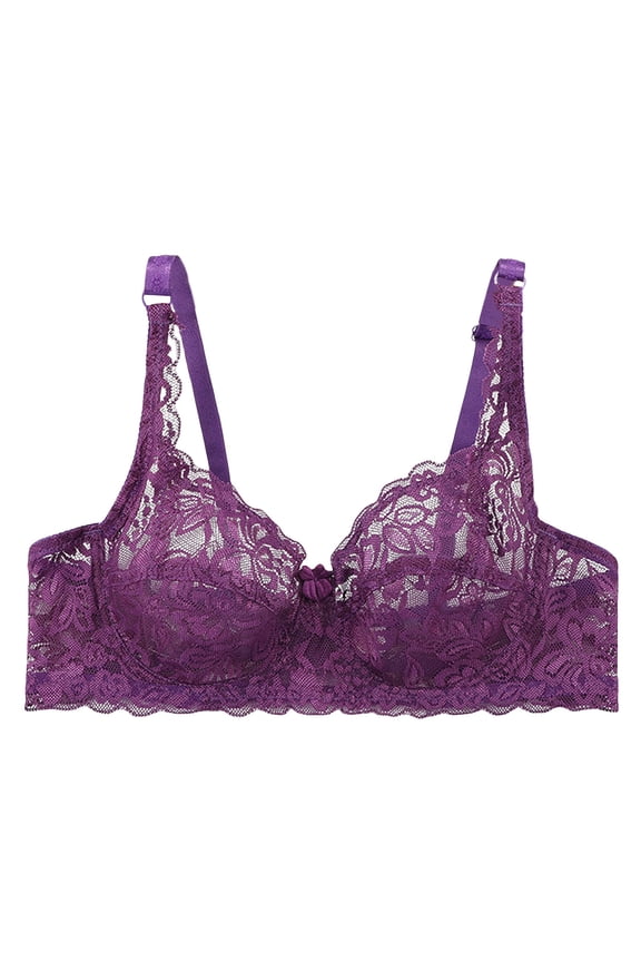 See Through Bra, Lace Bra, No Padding Bras for Women, Underwire Bras for Women, Mesh Bra, Purple 34