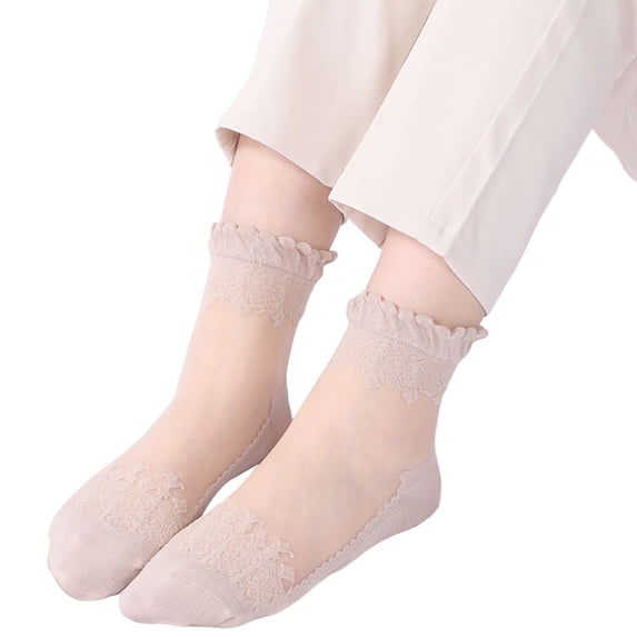 iHPH7 Sheer Socks Women Ruffle Ankle Socks for Women Thin Lace See Through Sock Beige One Size