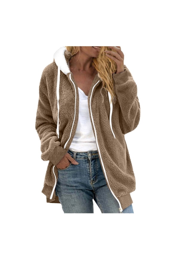 Sherpa Jacket Women Fuzzy Zip Up Hoodie Winter Clothing for Women Fleece Jackets Fluffy Coat with Pockets Brown S