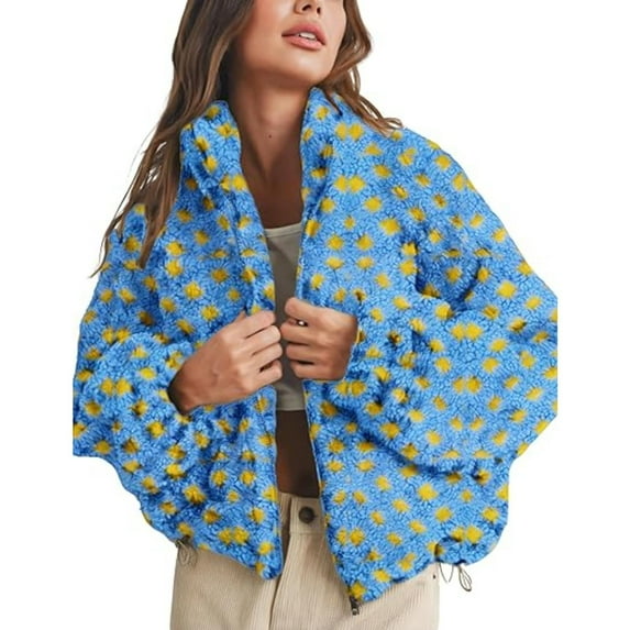 iHPH7 Sherpa Jacket Womens Jackets Casual Sherpa Fleece Jacket Women Teddy Jacket Women Fleece Jacket Women's Outerwear Cute Jackets for Women Blue L