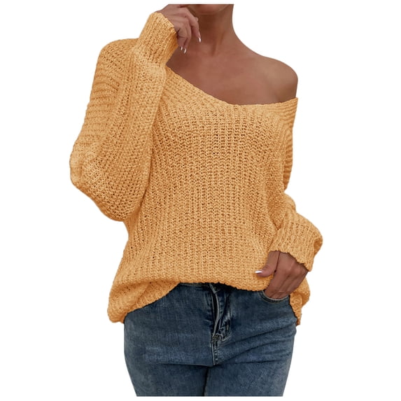 iHPH7 Off the Shoulder Sweater Knit Sweater for Women Fall Clothes for Women Drop Shoulder Sweater Womens Tops Casual Soft Sweaters for Women Womens Fall Clothing Yellow M
