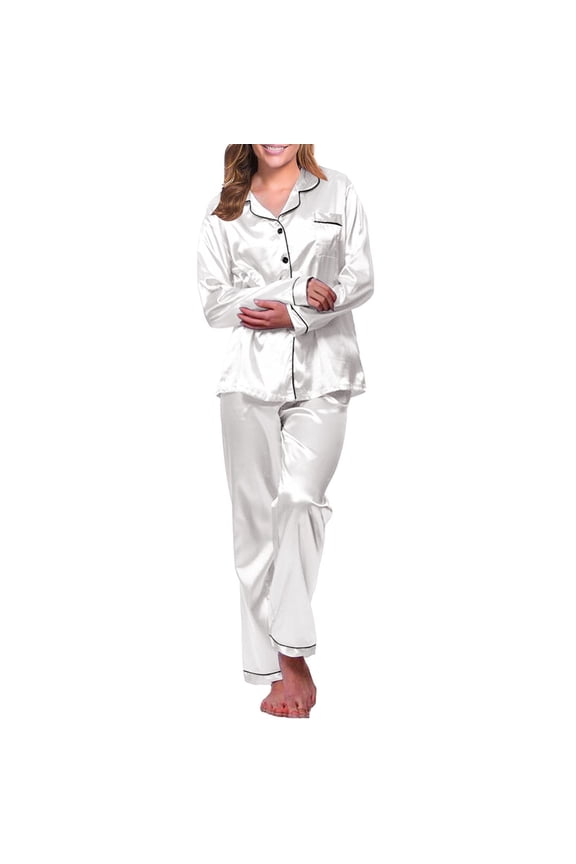 Silk Satin Pajama Set for Womens Button Up Long Sleeve Pjs Sleepwear Soft 2 Piece Loungewear White XL