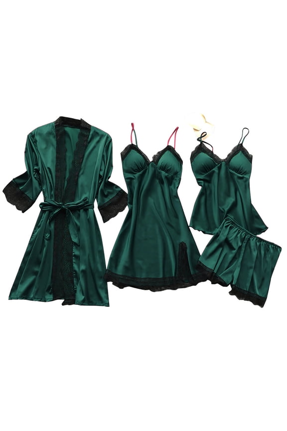 Silk Satin Pajamas Set 4pcs Floral Lace Trim Cami Pajama Set with Robe Silk Sleepwear Nightgown Set Army Green L