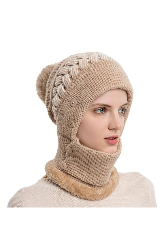 Ski Mask Hat with Scarf Attached Thermal Ski Masks Neck Warmer Hat Scarf Warm Hat Windproof Scarf Hats Khaki One Size