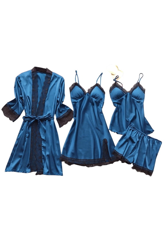 Soft Satin 4 Pcs Sleep Set for Women Lace Trim Robe Chemise Cami and Shorts Pajama Loungewear Lightweight Comfortable Nightwear Navy S