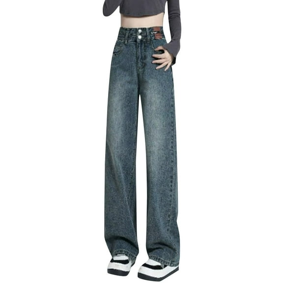 iHPH7 Straight Jeans for Women Womens Fall Pants High Waisted Jeans for Women Light Wash Jeans Women Wide Leg Jeans for Women's Jeans Travel Pants Women Blue L