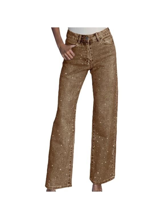 Straight Leg Jeans Rhinestone High Waisted Pearl Boyfried Denim Pants Sparkly Bling Glitter Bedazzled Jeans Brown XXL