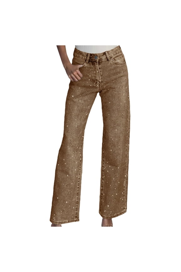 Straight Leg Jeans Rhinestone High Waisted Pearl Boyfried Denim Pants Sparkly Bling Glitter Bedazzled Jeans Brown XXL