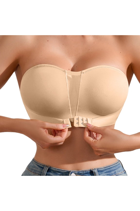Strapless Bra Push Up Bandeau Bras for Women Front Hook Tube Top Bra Non-slip Seamless Padded Wireless Invisible Beige L