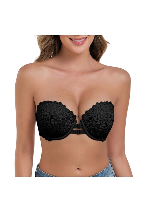 Strapless Bra Push Up Front Closure Lace Plunge Bralette Deep V Scalloped Edge Underwire Invisible Party Wedding Bridal Bra Black M