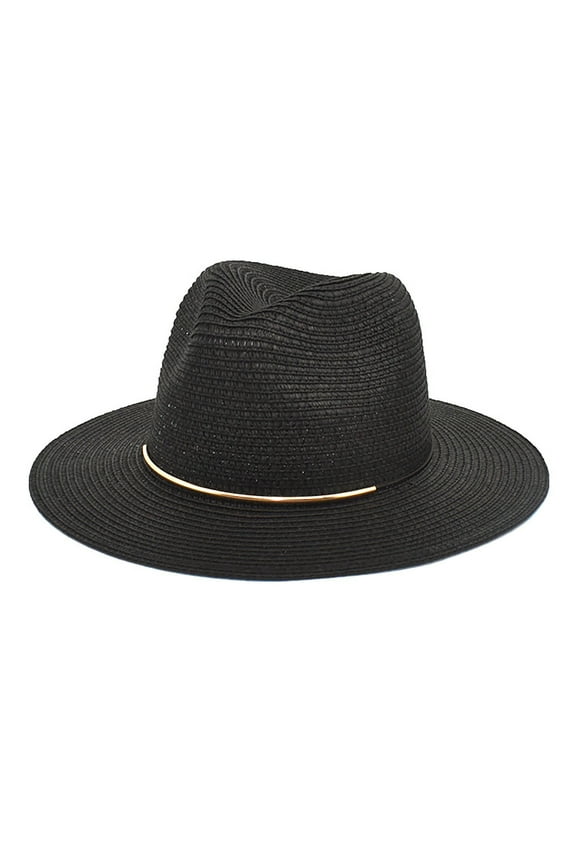 Straw Sun Hat Foldable Beach Hat Straw Caps Wide Brim Fedora Hats for Men Packable Straw Hat for Women, Black One Size