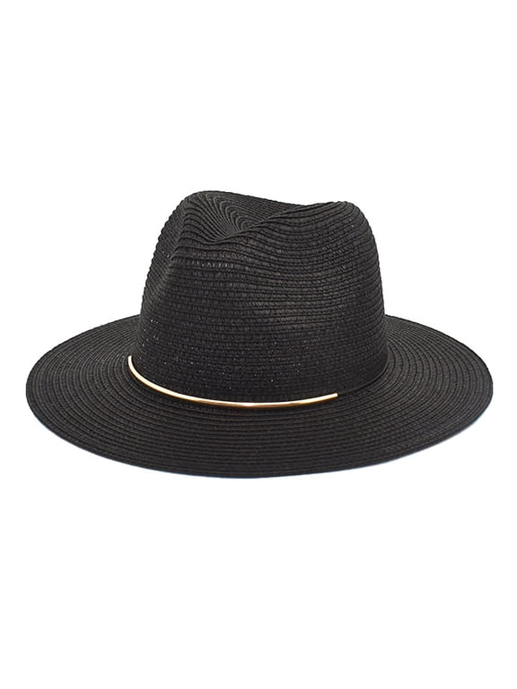 Straw Sun Hat Foldable Beach Hat Straw Caps Wide Brim Fedora Hats for Men Packable Straw Hat for Women, Black One Size