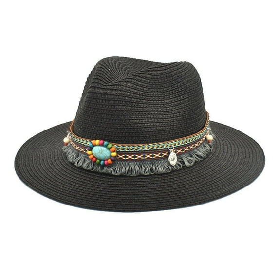 iHPH7 Straw Sun Hat Wide Brim Hats for Women Straw Hats for Men Wide Brim Wide Brim Straw Hat Fedora Hats for Women, Black One Size