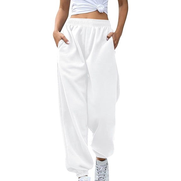 iHPH7 Sweatpants Pull On Pants for Women Elastic Waist Pants for Women Baggy Pants Soft Sweatpants for Women Womens Sweatpants with Pockets Sweatpants Women Wide Leg White M