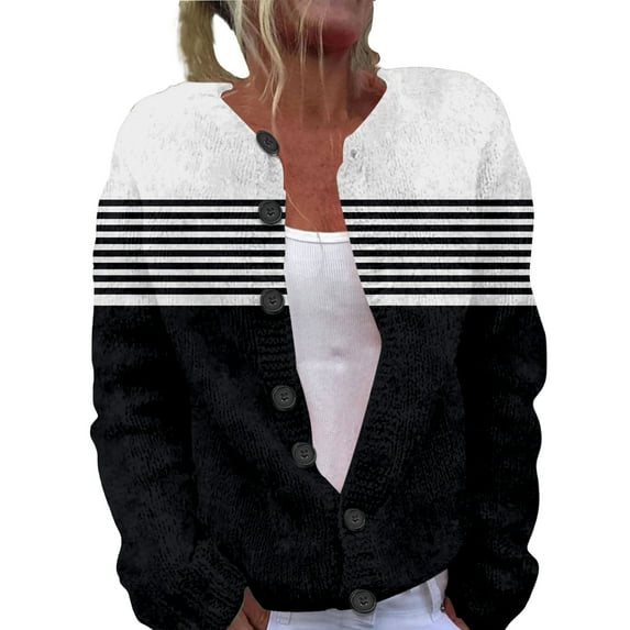 iHPH7 Travel Cardigan Striped Sweater Women Button Up Cardigans for Women Long Sleeve Sweaters for Women Travel Sweater Open Front Cardigan for Women Knit Cardigans for Women White S