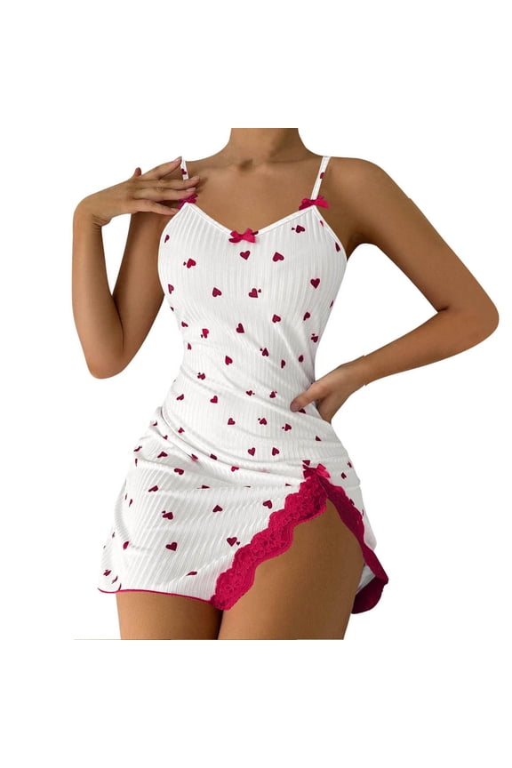 Valentine Nightgown Night Dress Chemise Nightie Women's Love Dress Love Heart Nightgown Babydoll Dress Heart Print Cute Valentines Valentine's Clothes Hot Pink M