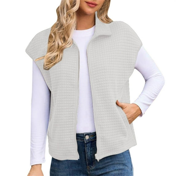 iHPH7 Vest Tops for Women Zip Up Vest Fall Outfits for Women Fall Clothes Waffle Knit Tops for Women Fall Fashion Sleeveless Vest for Women White S