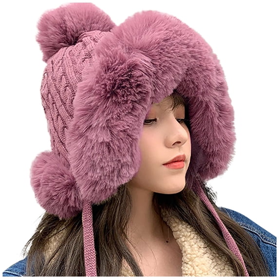 iHPH7 Winter Beanie Winter Hats for Women Snow Hats for Women Cute Beanie Faux Fur Hat Fur Hat for Women Warm Hats for Women Hot Pink One Size