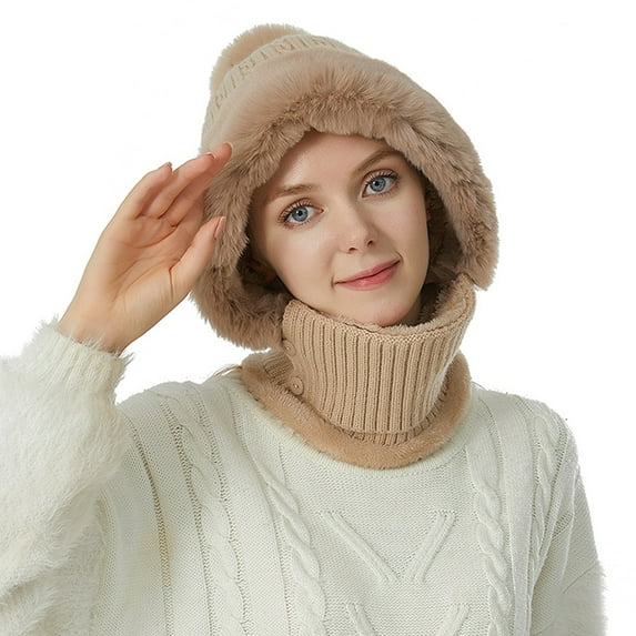 iHPH7 Winter Hats for Women Neck Warmer Hooded Scarf for Women One Piece Cold Scarf Hats Hat and Scarf Set for Women Gorros De Frio Para Mujeres Winter Scarf Khaki M