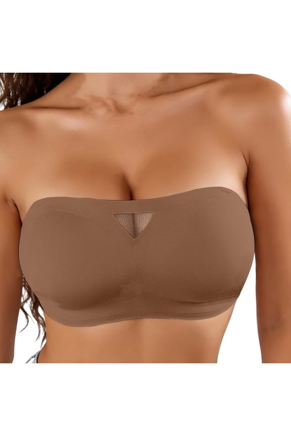 Wireless Strapless Bra Seamless Mesh V Cutout Bandeau Padded Tube Top Comfortable Stretchy Lounge Bralette Everyday Basic Underwear Tops Brown L