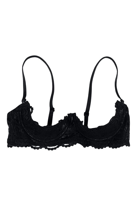 Women's 1/4 Cup Lace Bra Balconette See Through Mesh Underwired Demi Spaghetti Strap Supportive Bra Black L