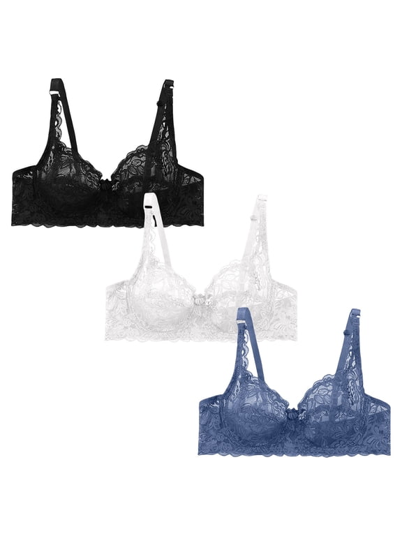 Women's 3 Pack Unlined Lace Bra Set Underwire Unpadded Everyday Bras Floral Sheer Breathable Bralette with Adjustable Straps Silver 38