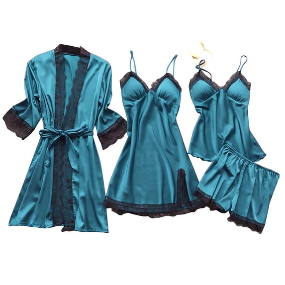 iHPH7 Women's 4pcs Silk Satin Pajamas Set Floral Lace Trim Dress with Robe Lounge Sleepwear Nightdress Novelty Loungewear Blue S
