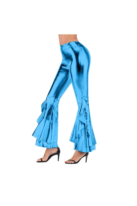 Women's 70s Disco Dance Party Shiny Metallic Flare Leggings High Waist Bootcut Yoga Trousers Dark Blue XL