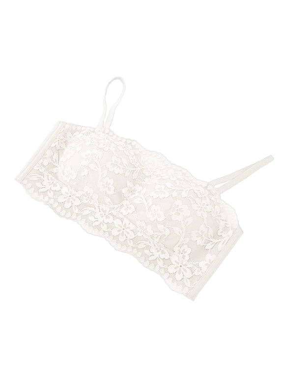 Women's Bandeau Lace Bras Wireless Seamless Comfort Bralette Thin Strap Stretch Camisole Everyday Bra White XL