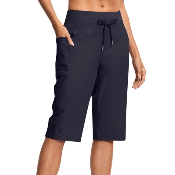 iHPH7 Women's Casual Pedal Pushers Cropped Pants High Waisted Drawstring Elastic Waist Cargo Pockets Side Slit Detail Lightweight Comfy Summer Lounge Vacation Daily Wear Pedal Pushers Navy M
