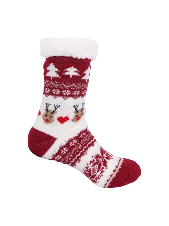 Women's Christmas Fuzzy Sherpa Lined Socks, Holiday Reindeer Snowflake Fluffy Bed Socks, Cozy Winter Warm Thick Sleeping Socks Gift Wine One Size