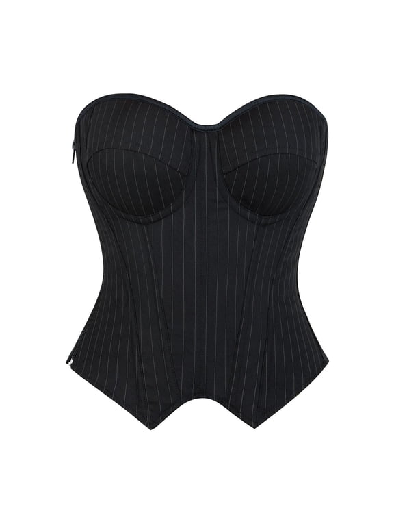 Women's Classic Pinstripe Corset Top Side Zipper Overbust Bustier Vintage Shapewear Tailored Fashion Bodice Black L