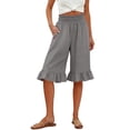 thumbnail image 1 of iHPH7 Women's Cotton Linen High Rise Capris Smocked Waistband Pedal Pushers Wide Leg Ruffle Hem Cropped Pants with Pockets Casual Summer Beach Trousers Dark Gray M, 1 of 6