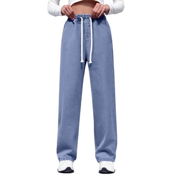 iHPH7 Women's Drawstring Straight Leg Jeans High Elastic Waisted Stretch Frayed Loose Fit Trouser Jeans Denim Pants Blue 3XL
