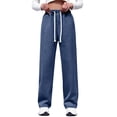 thumbnail image 1 of iHPH7 Women's Drawstring Straight Leg Jeans High Elastic Waisted Stretch Frayed Loose Fit Trouser Jeans Denim Pants Dark Blue L, 1 of 8